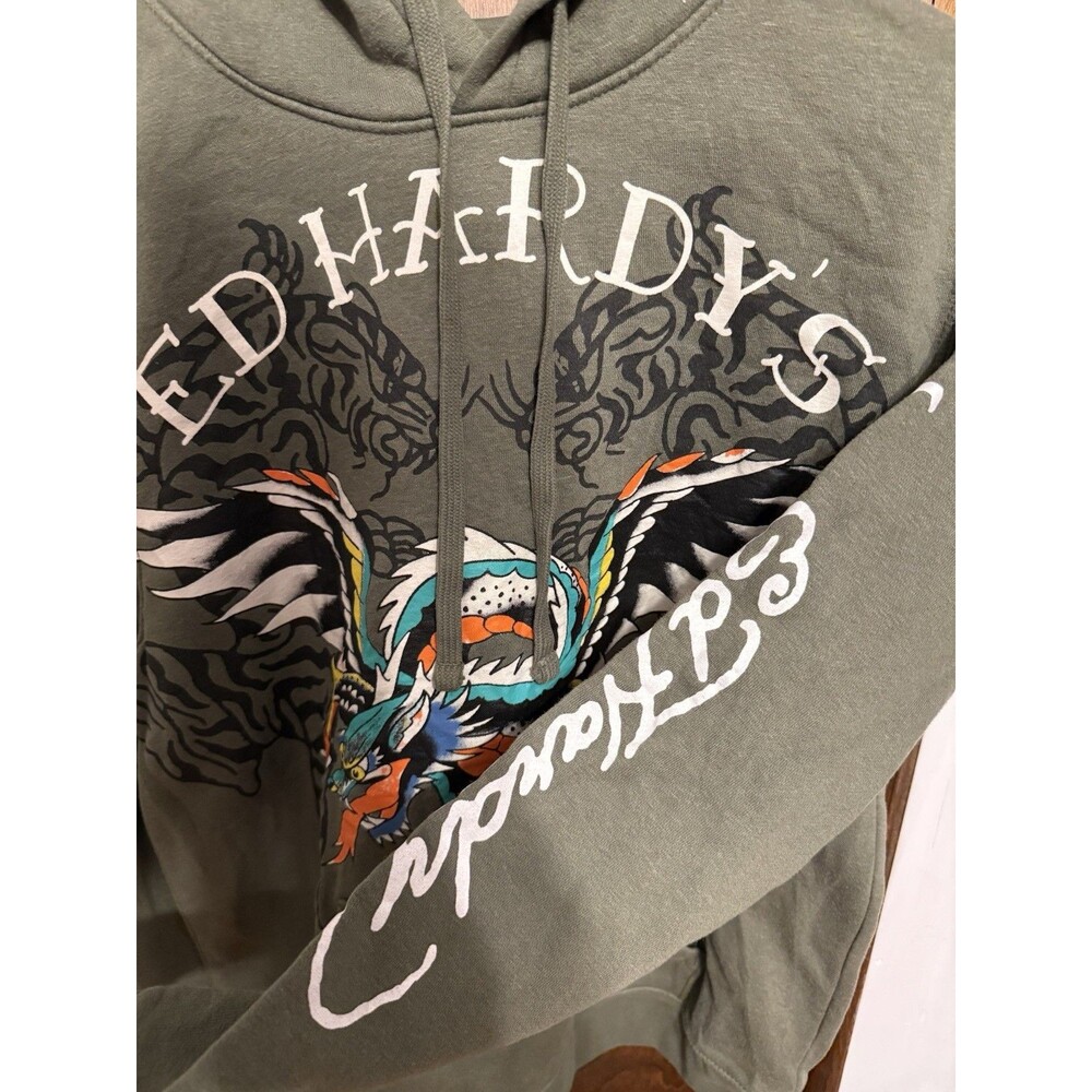 Ed Hardy Hoodie Mens Medium Green Tattoo Dragon Double Sided Pullover Sweatshirt - Picture 2 of 4